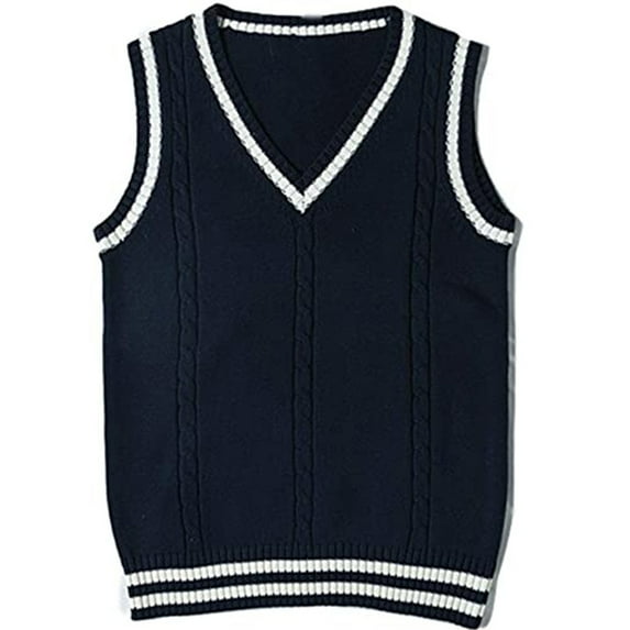 Women's V Neck Stripe splicing Sweater Vest Uniform Cable Knit Sleeveless Sweater