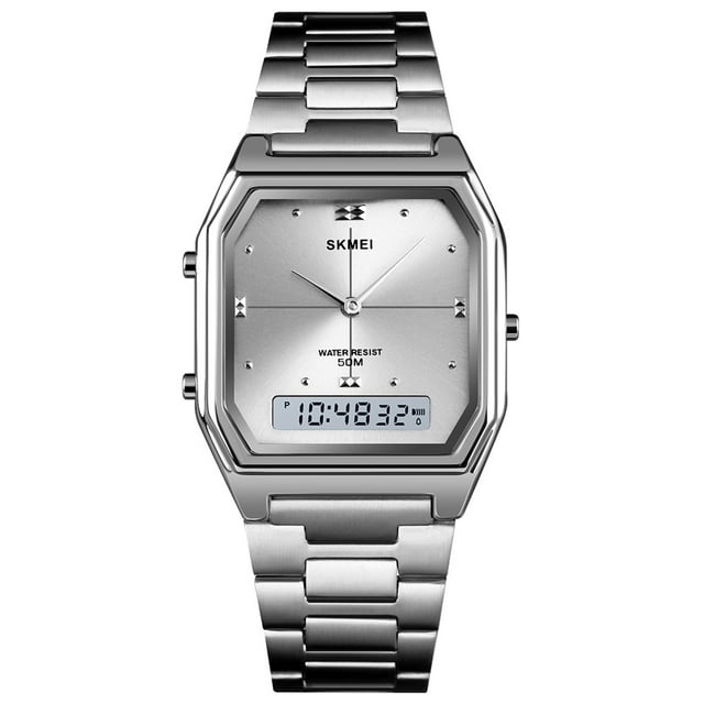 SKMEI SKMEI Slim Dual Display Men's Digital Watch with Chronograph, Alarm, Date, Week Display, 5ATM Waterproof, Silver (Model 1612)