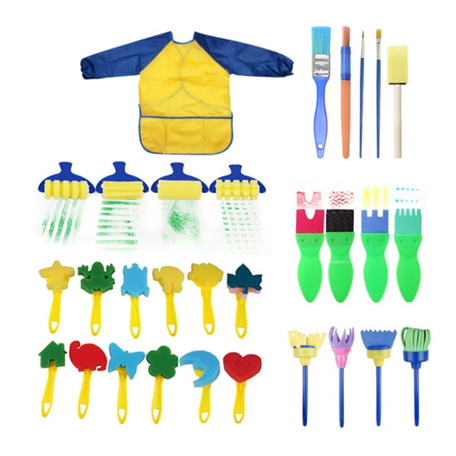 Walmeck 30PCS Paintbrushes Washable Paint Brushes Sponge Painting Brush Set with Apron for Toddler Early DIY Learning Finger Paints sponges Art Supplies Gifts for Acrylic Crafts Tempera Paints