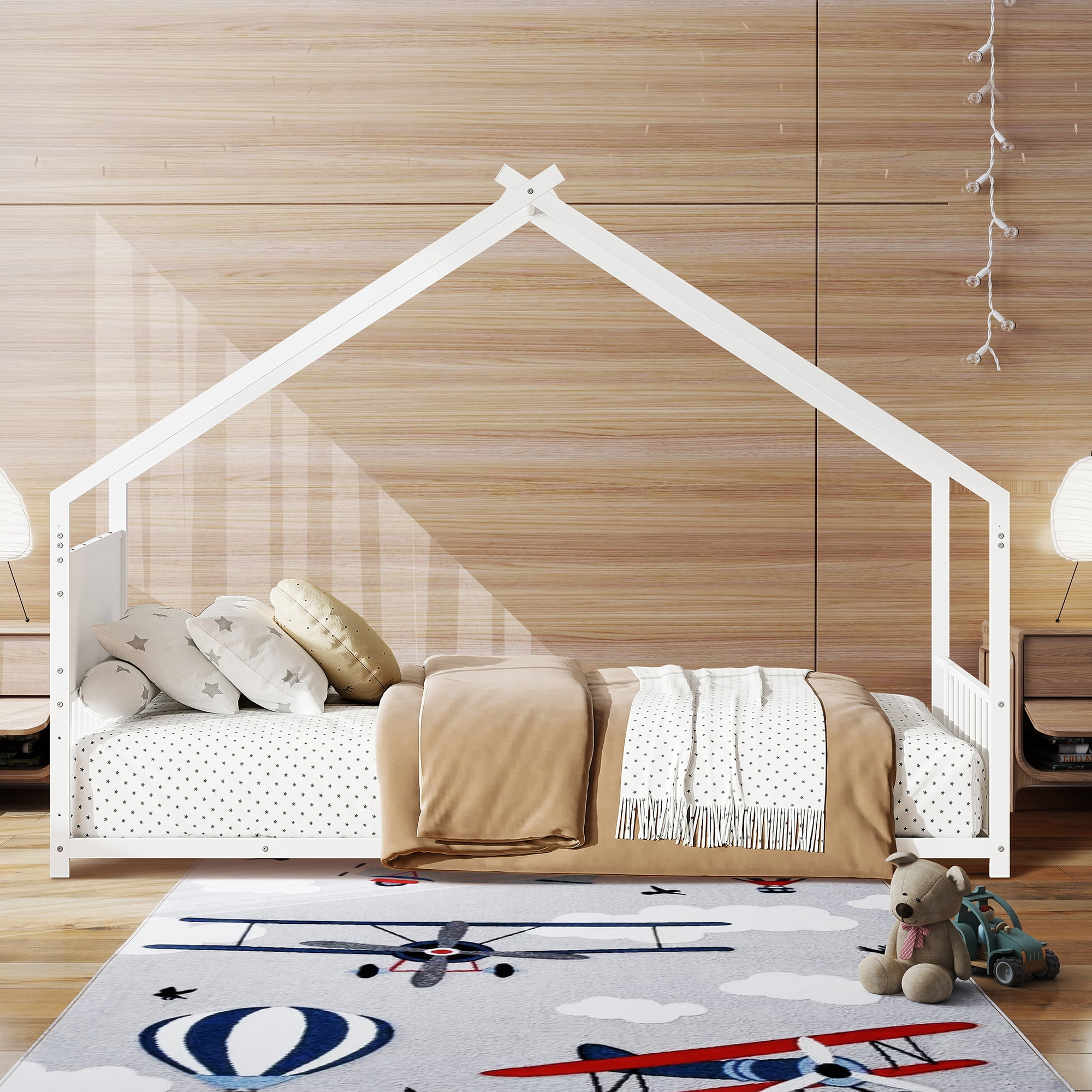 Aukfa Twin Size Metal House Bed with LED Lights, Montessori Floor Bed for Kids & Toddlers, Sturdy Frame, Easy Assembly, White