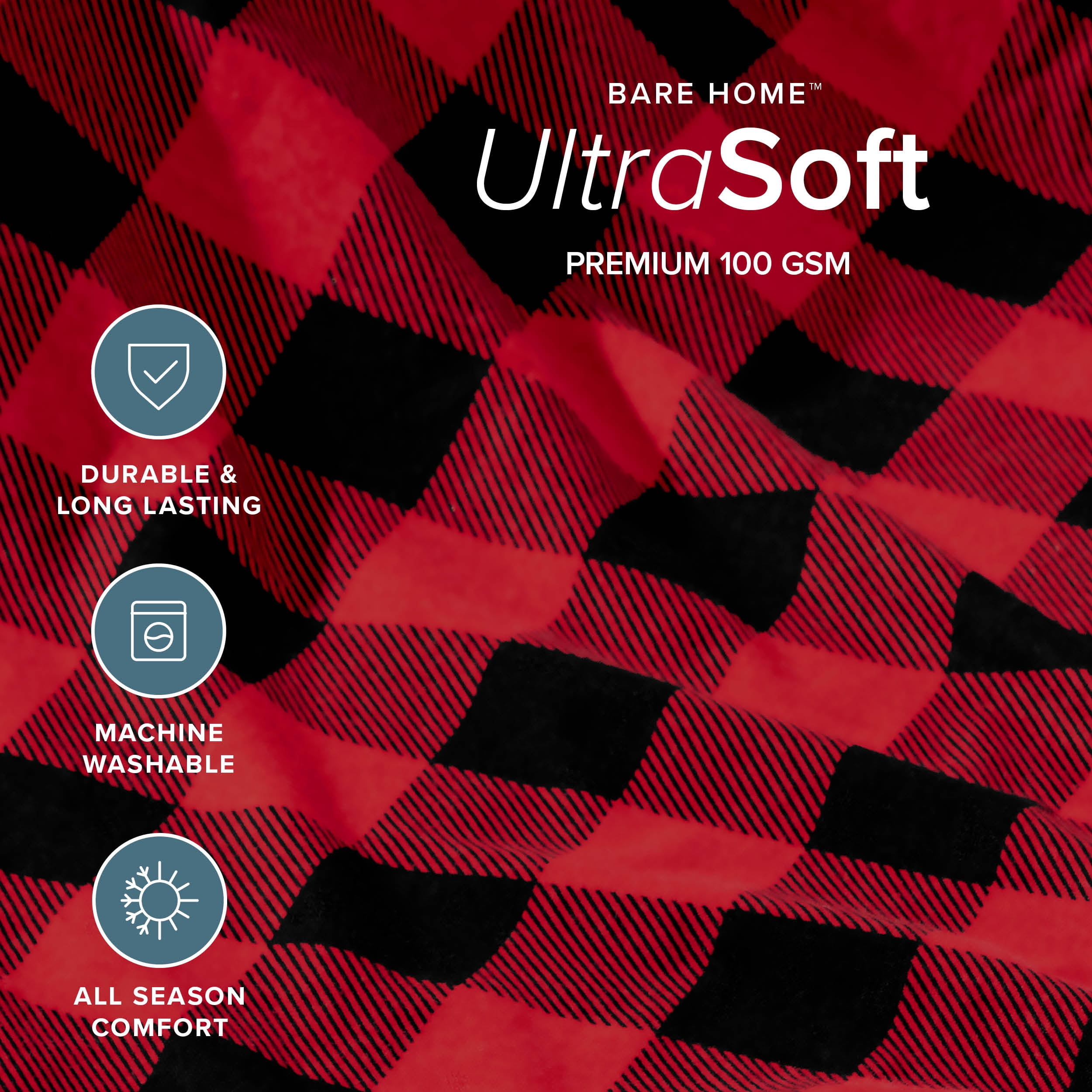 Bare Home Down Alternative Comforter Set - 3-Pieces - All Seasons - Queen, Buffalo Plaid - Red/Black