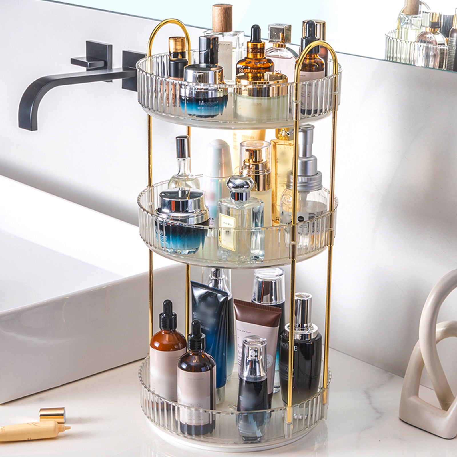 Unique Bargains 2 Layer Rotating Makeup Round Skincare Countertop Perfume Organizer Clear