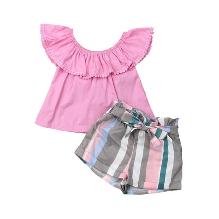 

TheFound Toddler Kids Baby Girls Summer Clothes T-shirt Tops+Striped Shorts Pants Outfits