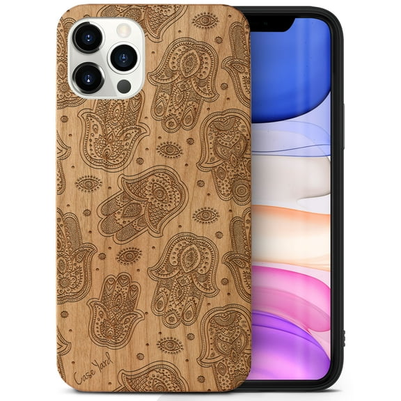 Case Yard Wooden Case Outside Soft TPU Silicone Slim Fit Shockproof Wood Protective Phone Cover for Girls Boys Men and Women Supports Wireless Charging Hamsa Overload Design case for iPhone-11-Pro-Max