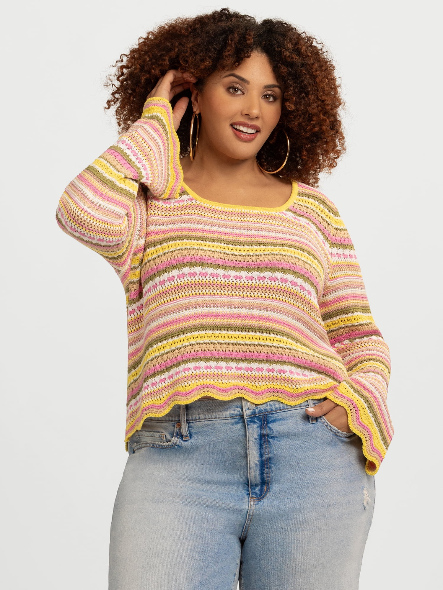 Jessica Simpson Women's Lilianna Cotton Pointelle Sweater with Long Sleeves, Lightweight, Sizes XS-X4