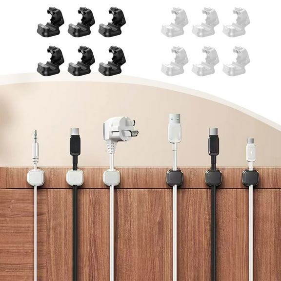 Magnetic Cable Organizer Clips Set | 6-Pack Desktop & Wall Mount | Black & White Plastic | No Punch Needed | Adhesive Cord Holder | Fits Headphone Data Power Cables | Space-Saving 4.53x3.94in | Home