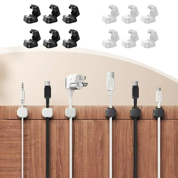 Organizador de cable magnético pack de 6 • Gestión de cables para escritorio y pared • Clips adhesivos para cable para cargador de teléfono, HDMI, cables de alimentación • Blanco y negro
