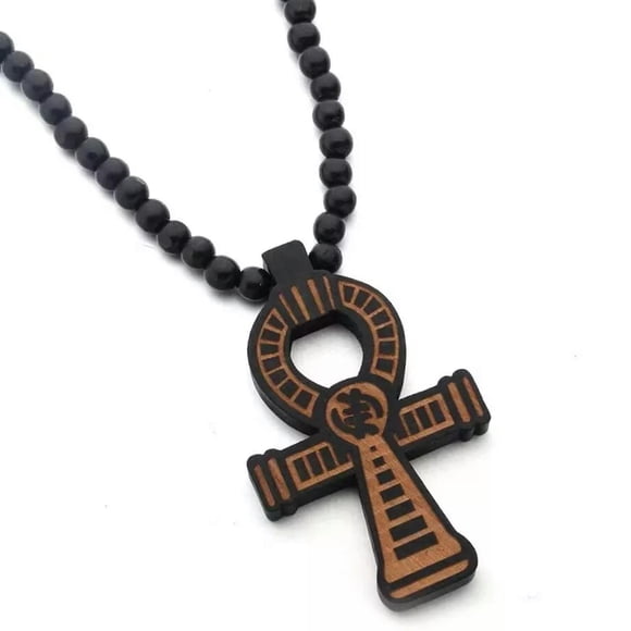 HOOUN Coffee Egypt Ankh Cross Pedant Necklace Men's Jewelry Wood Ball Chain 35" Gift
