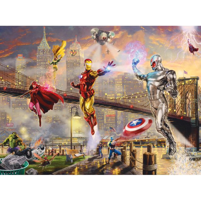 rompecabezas ceaco silver select marvel iron man 1000 piezas Rompecabezas de 1,000 piezas con arte tipo lienzo de edición limitada que muestra a Iron Man en el centro en pose de vuelo frente a un puente urbano al atardecer, con otros héroes Marvel y reflejos metálicos; composición frontal panorámica, colores vibrantes y piezas entrelazadas para ajuste seguro; tamaño terminado 26.75 x 19.75 pulgadas (68 x 50 cm) e incluye póster de referencia, ideal para noches de juego para adultos.