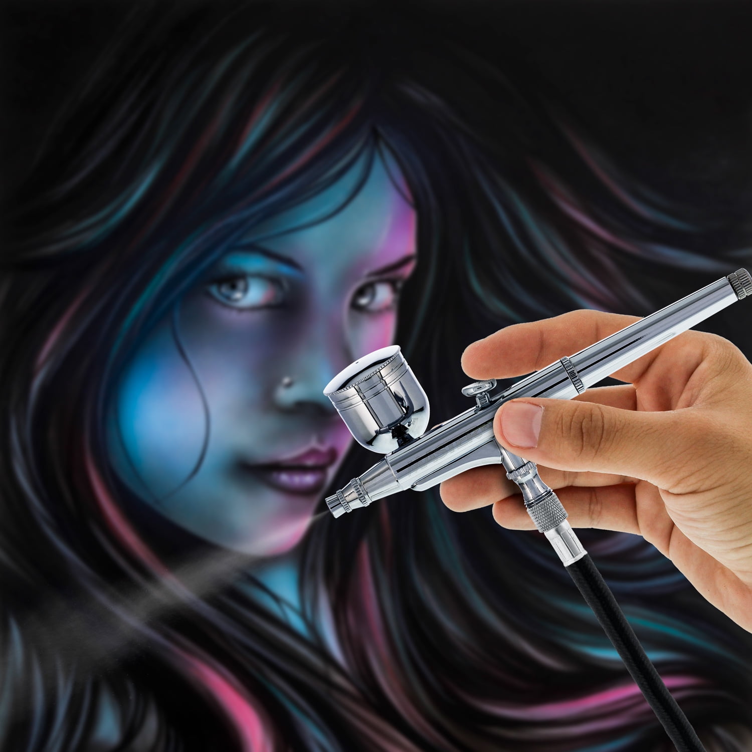 Master Airbrush SB844 Pro Set Dual-Action Side Bowl Feed Airbrush with 3 Nozzle Sets (0.2, 0.3 & 0.5mm Needles, Fluid Tips and Air Caps), Gravity Cup, Siphon Suction Feed Bottle Kit - Auto, Art