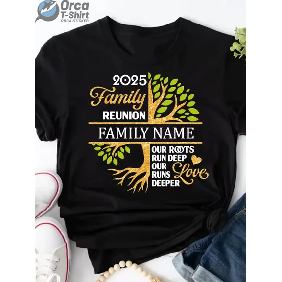 Custom Family Reunion Tree Graphic Women Short Sleeve Glitter Print Casual T-Shirt