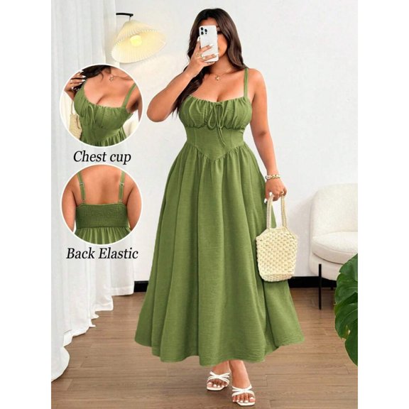 Green Plus Size Womens Solid Front Tie Spaghetti Strap Maxi Dress For Beach Resort Party
