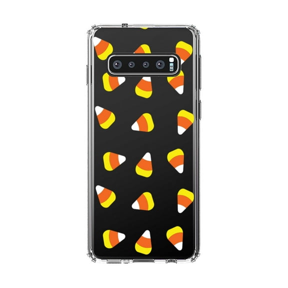 DistinctInk Clear Shockproof Hybrid Case for Samsung Galaxy S10 (6.1" Screen) - TPU Bumper, Acrylic Back, Tempered Glass Screen Protector - Repeating Candy Corn