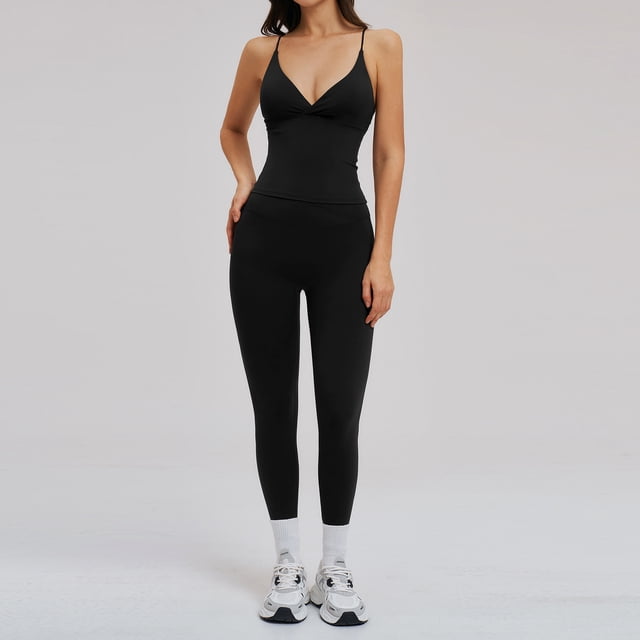 AEXTO Workout Sets for Women Cross Back Padded Tank Tops Matching Leggings Yoga Outfits