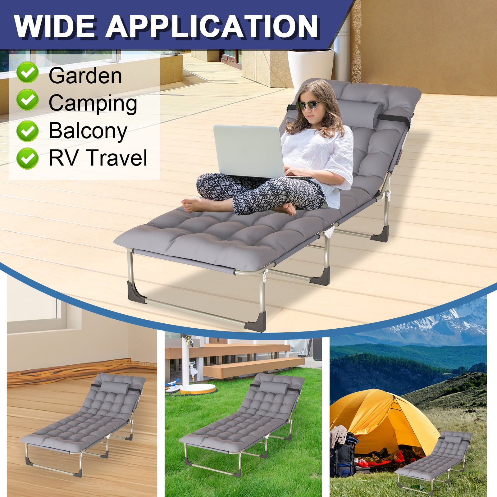 JSTUOKE 5-Fold Camping cot for Adults & Kids, Adjustable Folding Bed Reclining Folding Lounge Chairs with Pillow and Pearl cotton pad, Portable Intdoor Folding Sleeping Cots Bed