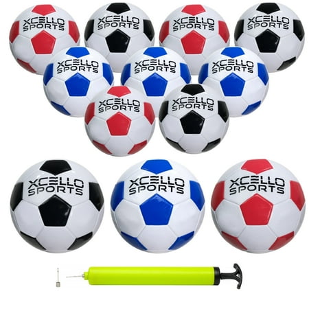 Xcello Sports Soccer Ball Size 4 Assorted Graphics Youth Soccer Ball with Pump Sports Balls Official Match Size and Weight Navy Black Red Pack of 12