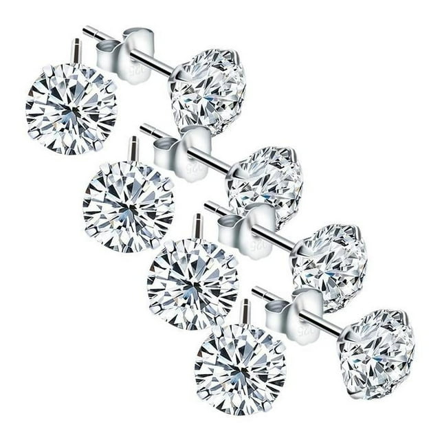 Aretes con Cristal de Zirconia DiamLux5 4Pares 5mm Zirconia S925 Plata Aretes de Broquel.