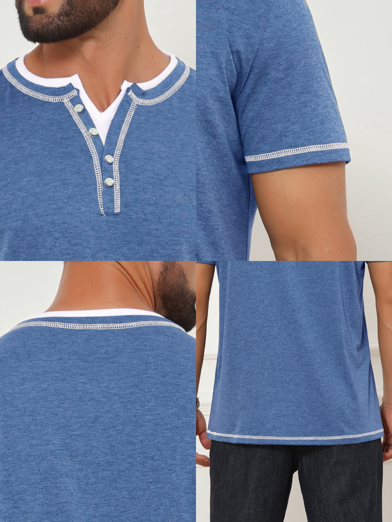 DARING DIVA Men's Henley V-Neck Colorblock Button Down Short Sleeve T-Shirt S Blue