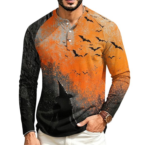 Dwelliawo Halloween Shirts for Men Pumpkin Spider Print Henley Vintage Shirt Bat Quick Dry Graphic Long Sleeve Funny Horror Costumes Saffron S