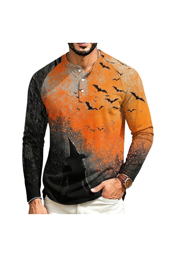 Men Halloween Waffle Henley Shirts Funny Pumpkin Print Vintage Long Sleeve Button Down Crew Neck Shirts 2026 New Stylish Breathable Comfy Tops