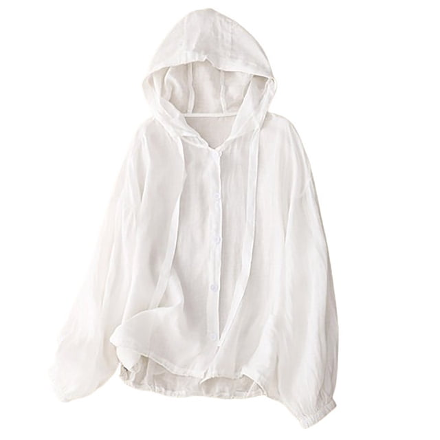 QIPOPIQ Women's Spring Summer Oversized Button Down Hooded Linen Shirt Jacket Top Clearance