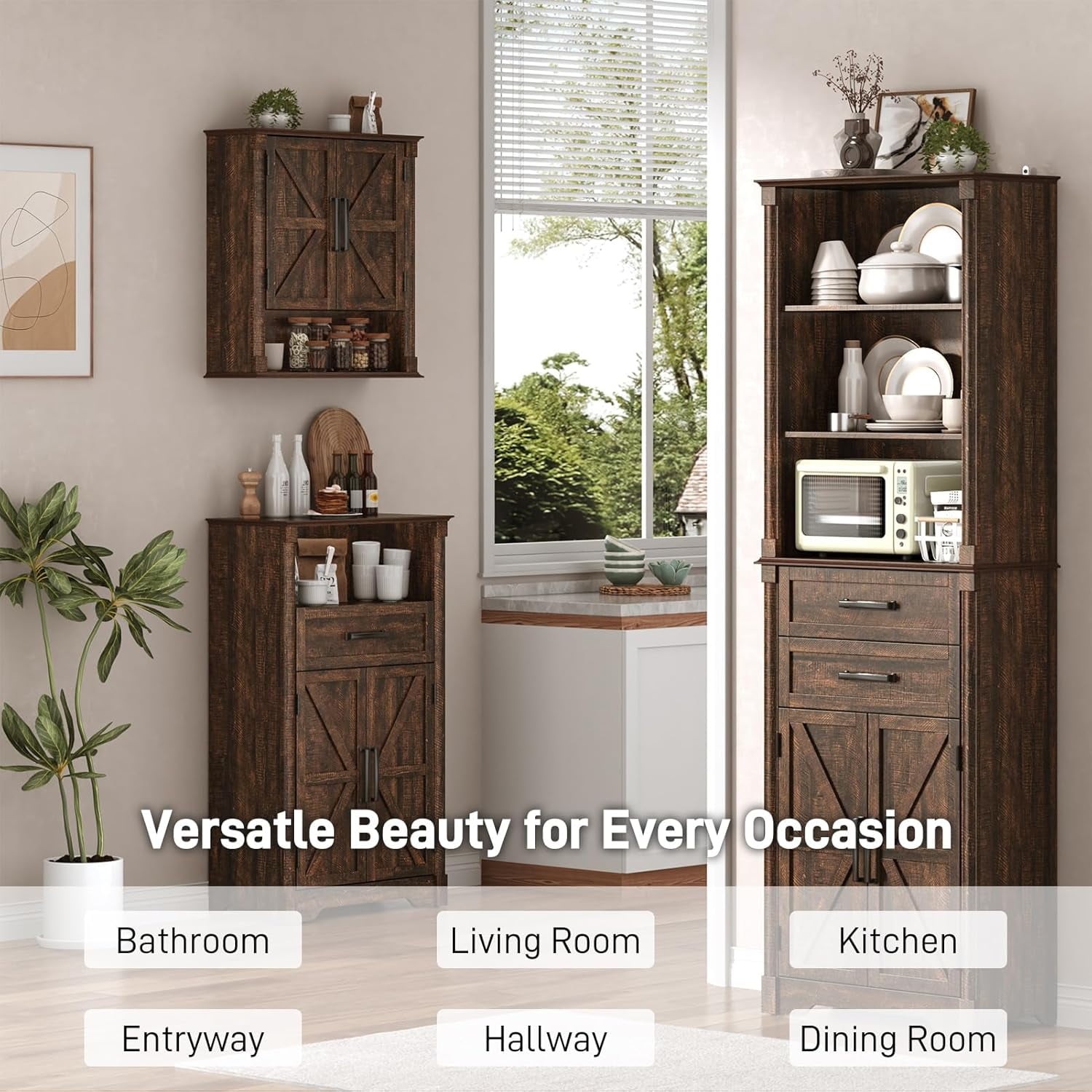 Farmhouse Floor Storage Cabinet with Drawers & 2 Barn Doors, Wood Bathroom Storage Cabinet with Roman Column Decor, Farmhouse Storage Cabinets with Adjustable Shelf & Door Cabinets, Rustic Brown