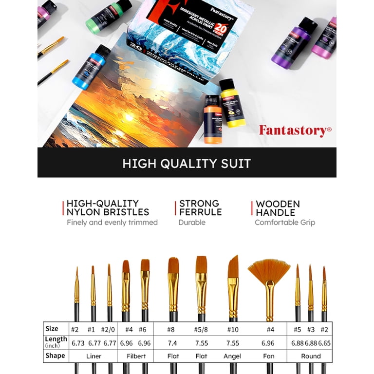Fantastory Acrylic Paint Set, 20 Metallic Colors with 12 Brushes photo 5