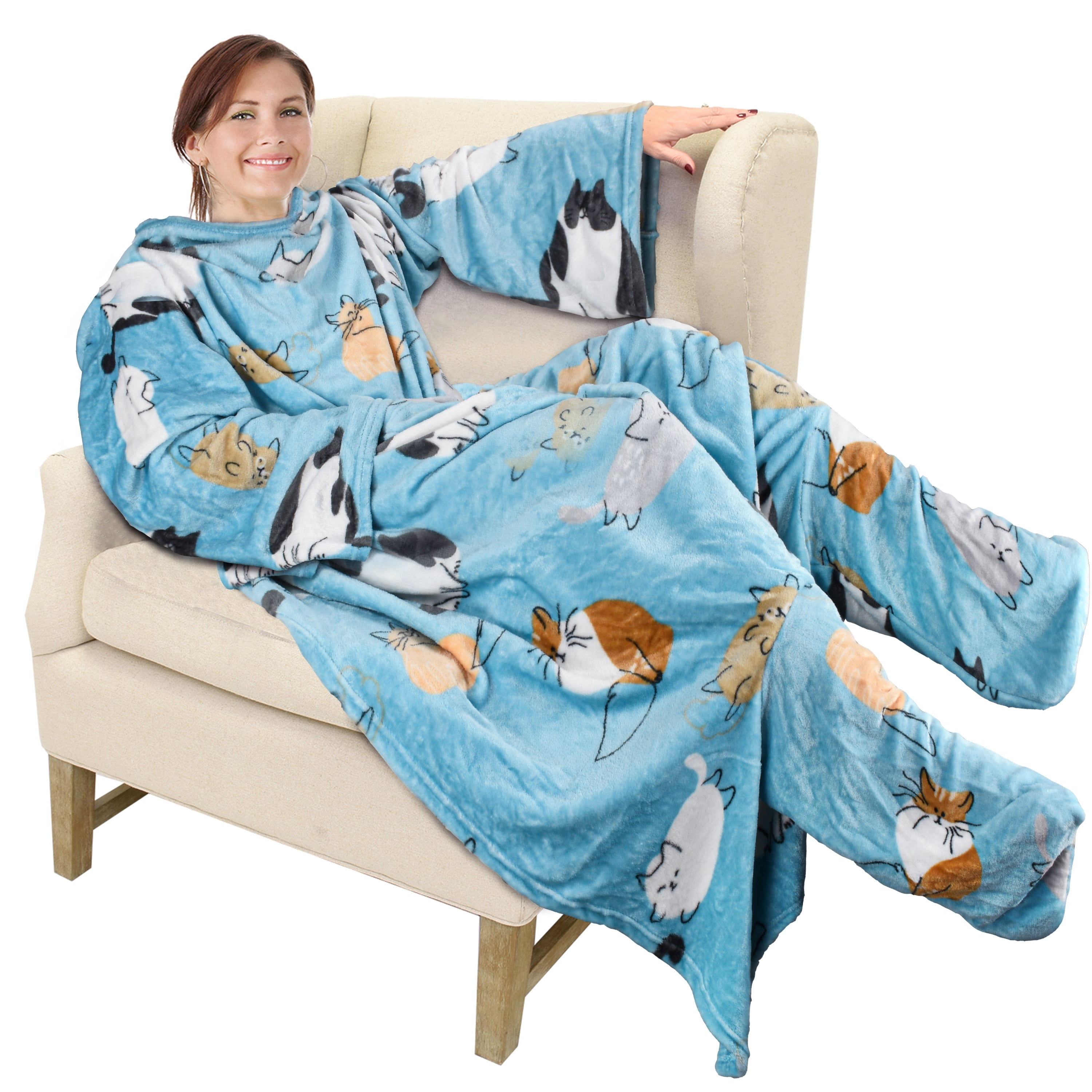 Catalonia Wearable Fleece Blanket with Sleeves and Foot Pockets for Adult Women and Men, Micro Plush Comfy Wrap Sleeved Throw Blanket Robe, Large, Blue Cat
