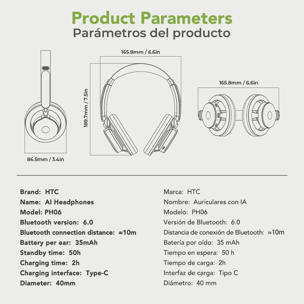 Wireless Bluetooth Over-Ear Headphones HP06, AI Translator 135 Languages, Noise Cancelling, 26H Battery, Mic for Calls, Travel & Office - Black