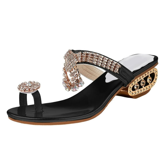 Mostsola Women's Trendy Rhinestone Low Heel Sandals Toe Ring Slippers Slip on Clip Toe Beach Slides