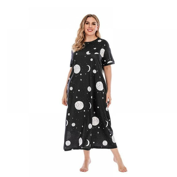 Plus Size Nightgowns for Women Short Sleeve Crewneck Night Dress Starry Sky Printed Loose Nightshirt Full Length Night Gowns with Pockets, L-5XL