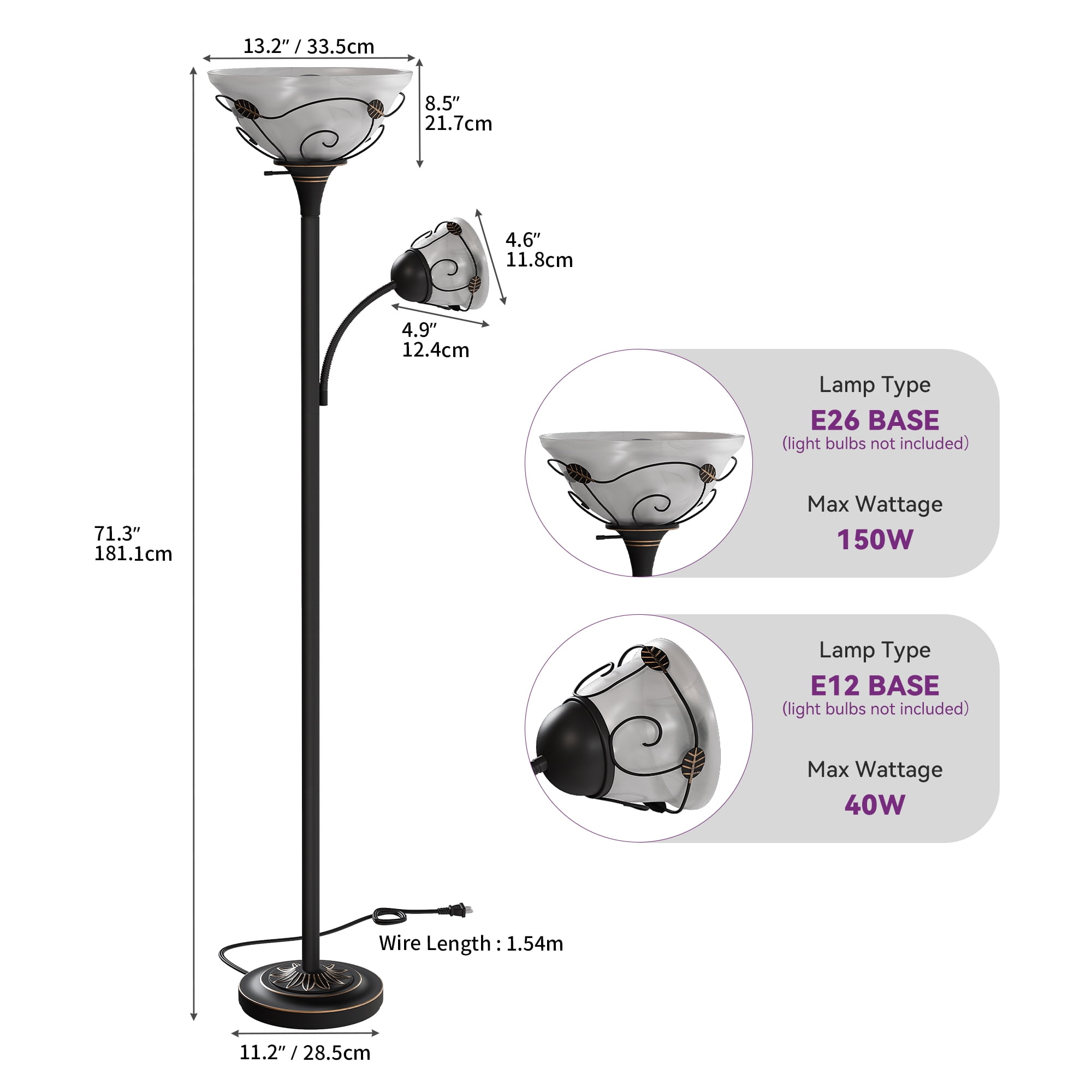 Dextrus 71'' Traditional Torchiere Floor Lamp with Hand-Painted Bronzed Pattern, 3-Way Switch, and Alabaster Glass Shades for Living Room, Bedroom, and Home Office