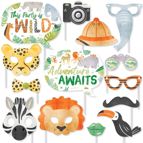 Big Dot of Happiness Safari Animals Photo Booth Props Kit, Jungle Birthday Party Decorations or Baby Shower Supplies - 20 Count Selfie Prop Sticks