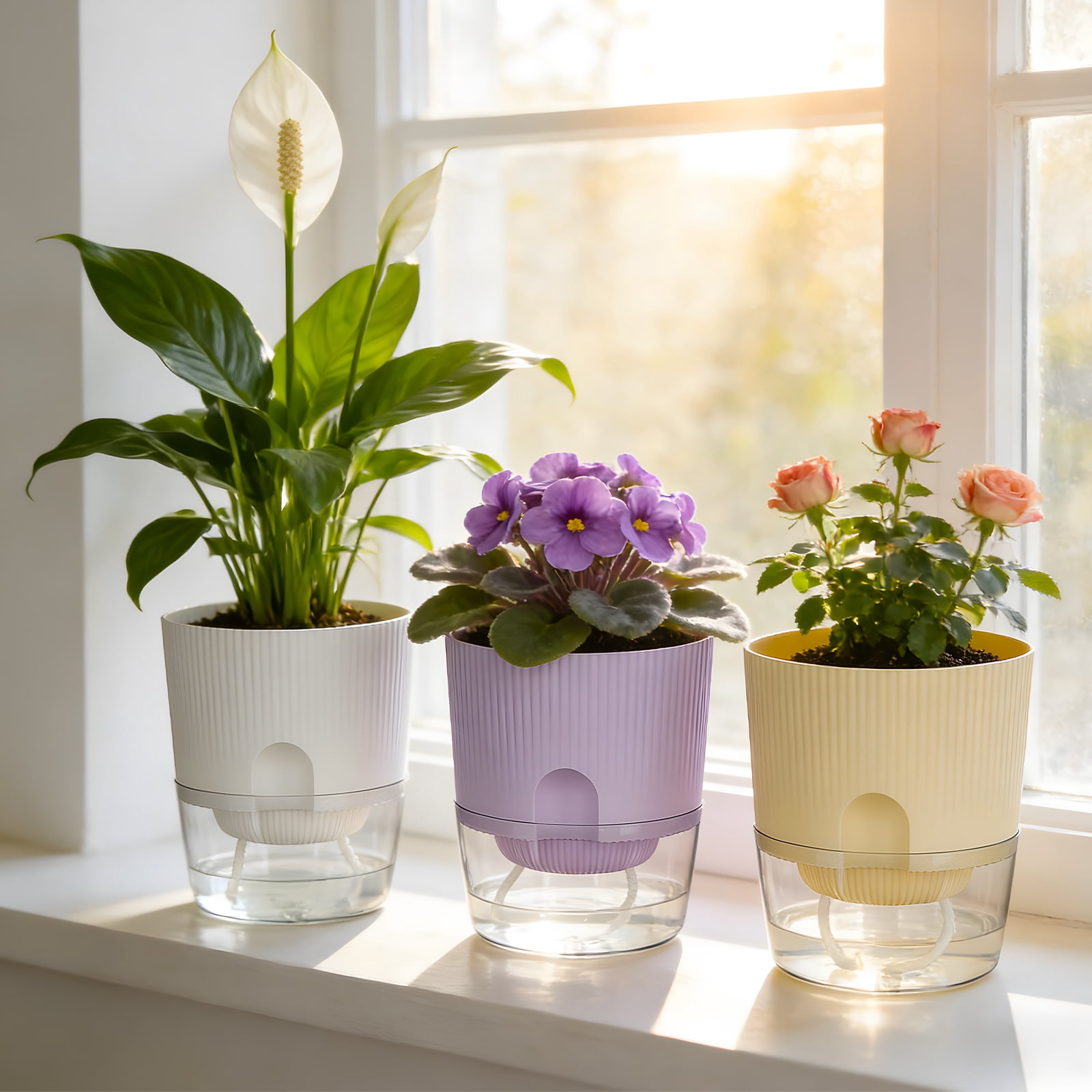 IWNTWY 5.7 inch Self Watering Planters Set of 4, Plastic Indoor Outdoor Flower Pot Plant Pots with Drainage Holes and Saucers