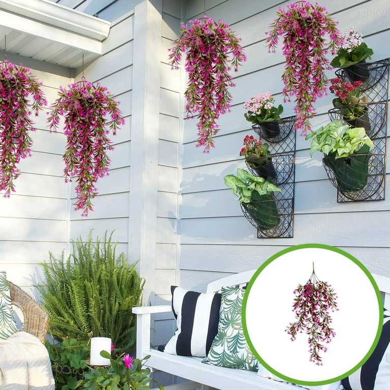 Artificial Hanging Plants Set | Faux Rattan Tangerine Flower Greenery |  Indoor Outdoor Wall Hanging Basket Decor | 2 Pack | 75x28cm | Plastic |  Purple ...