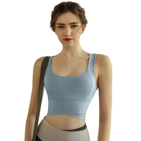 XDDLITP Women s Longline Sports Bra Medium Support Scoop Neck Tops Yoga Running Workout Athletic U-Back Tank Tops With Fixed Cup Strappy Padded Outfit Blue S