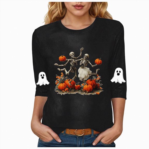 CAICJ98 Womens Casual Halloween 3/4 Sleeve Crew Neck Tee Shirts Pumpkin Ghost Shirts Fall Tops Halloween Tshirts for Women (Black,M)