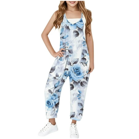 Lightning of Today Prime Xdegoge Girls' Casual Sleeveless Jumpsuits The Holiday Print Strap Romper Summer Outfits Clothes Gifts for Teen Girls Todays Daily 10-12 Pantalones Para Niñas