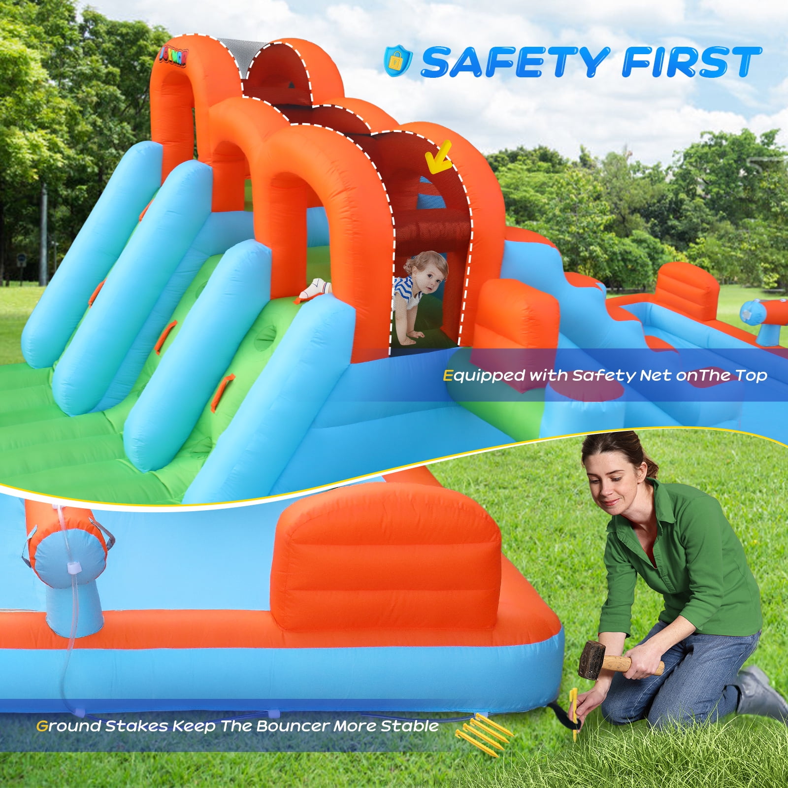 Ktaxon Inflatable Bounce House with Triple Slides and Upgraded Climbing Wall, Water Slide Bounce House with Blower, Inflatable Water Slide Park for Party, Backyard, Lawn