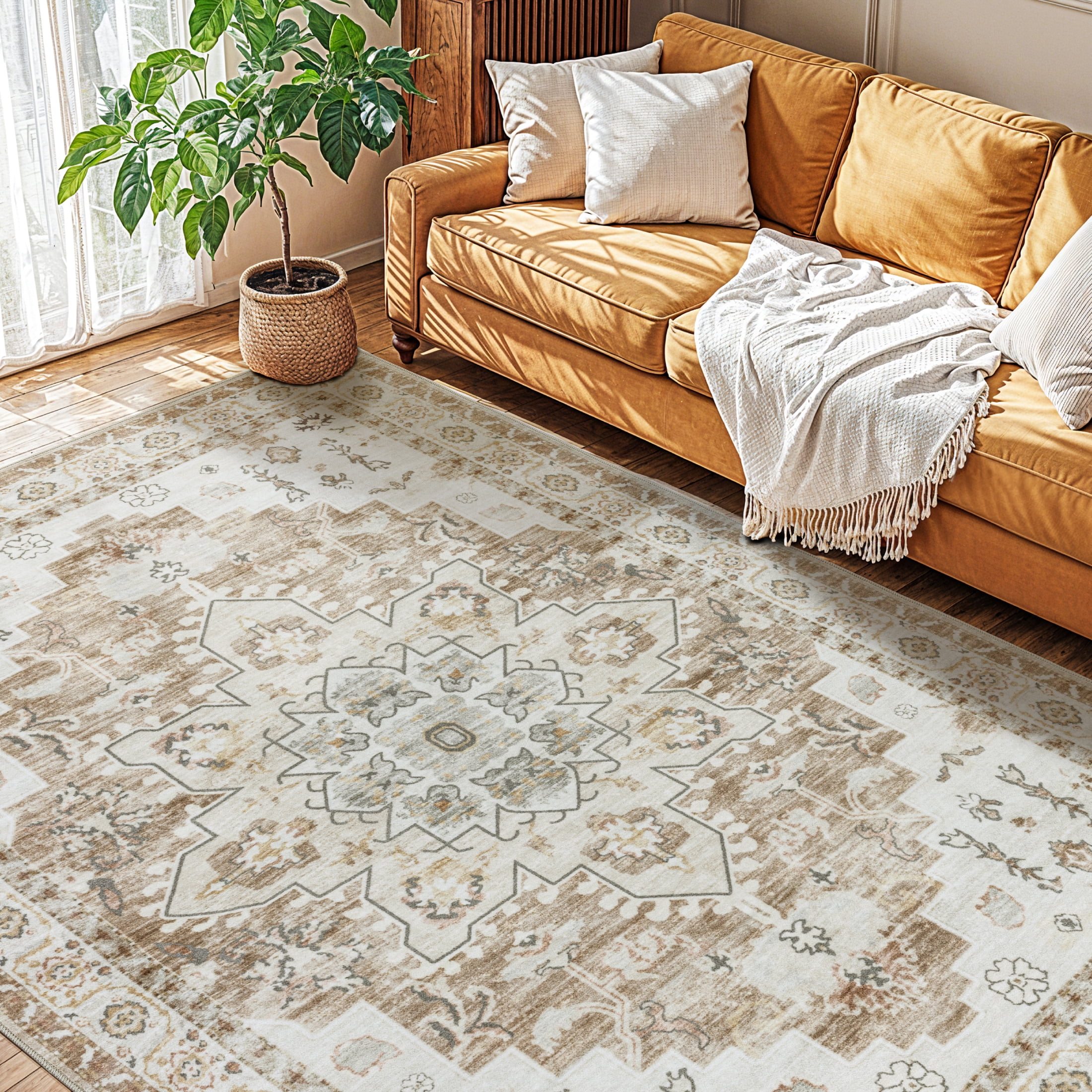 Sonoro Kate 9x12 Area Rugs for Living Room Bedroom, Non Slip Boho Machine Washable Indoor Floor Carpet, Cream