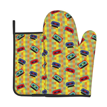 

KLL 90s Audio Tape Pattern Oven Mitts and Pot Holders 2pcs Sets for Kitchen Oven Mitt Heat Resistant 536°F Oven Gloves for Kitchen Cooking and Baking