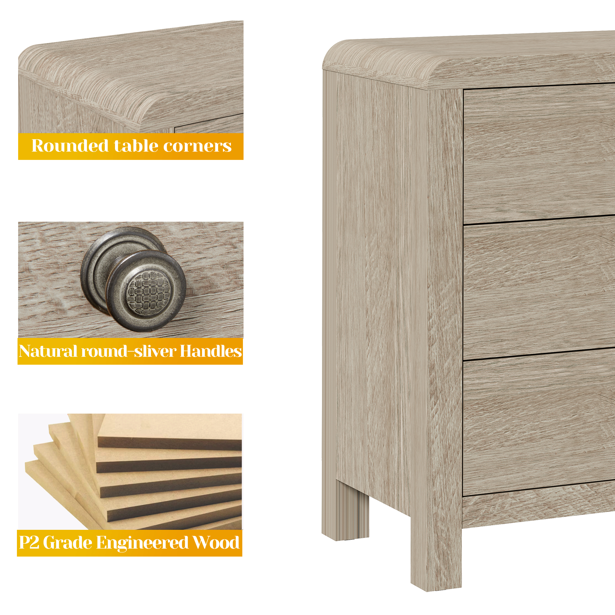 Cozy Home 3 Drawer Dresser Set of 2, Modern Chest of Drawers with Rounded Table Corners, Wooden Closet Dresser Nightstand with Ample Storage Space for Bedroom, Living Room, Entryway, Natural Oak