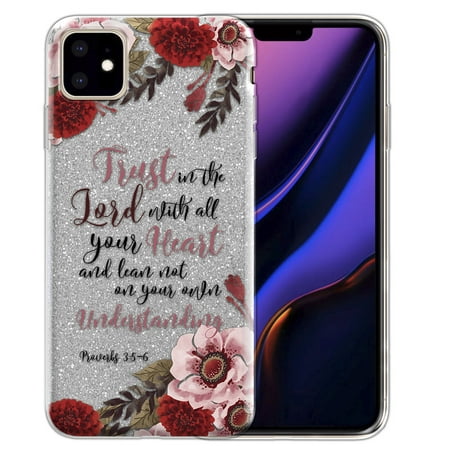 FINCIBO Silver Gradient Glitter Case Sparkle Bling TPU Cover for Apple iPhone 11 6.1" 2019, Christian Quotes Proverbs 3:5-6