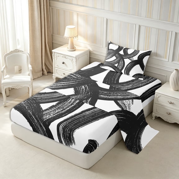 Castle Fairy Abstract Brush Ring Twin Sheets 3pcs,Watercolor Curved Stroke Bedding,Black White,1 Flat Sheet, 1 Fitted Sheet and 1 Pillowcase