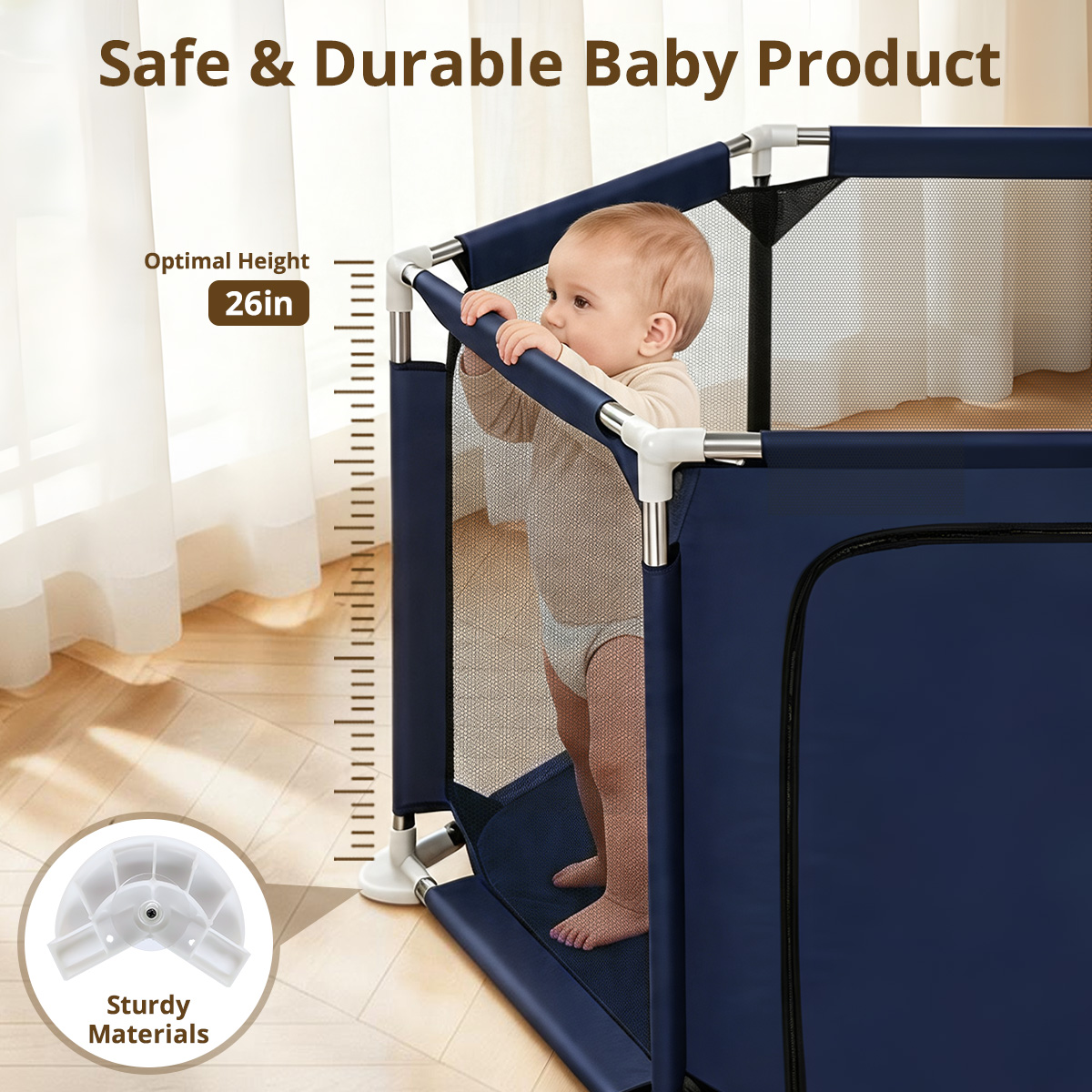 Caveen 6-Panel Portable Baby Playpen, Blue photo 5