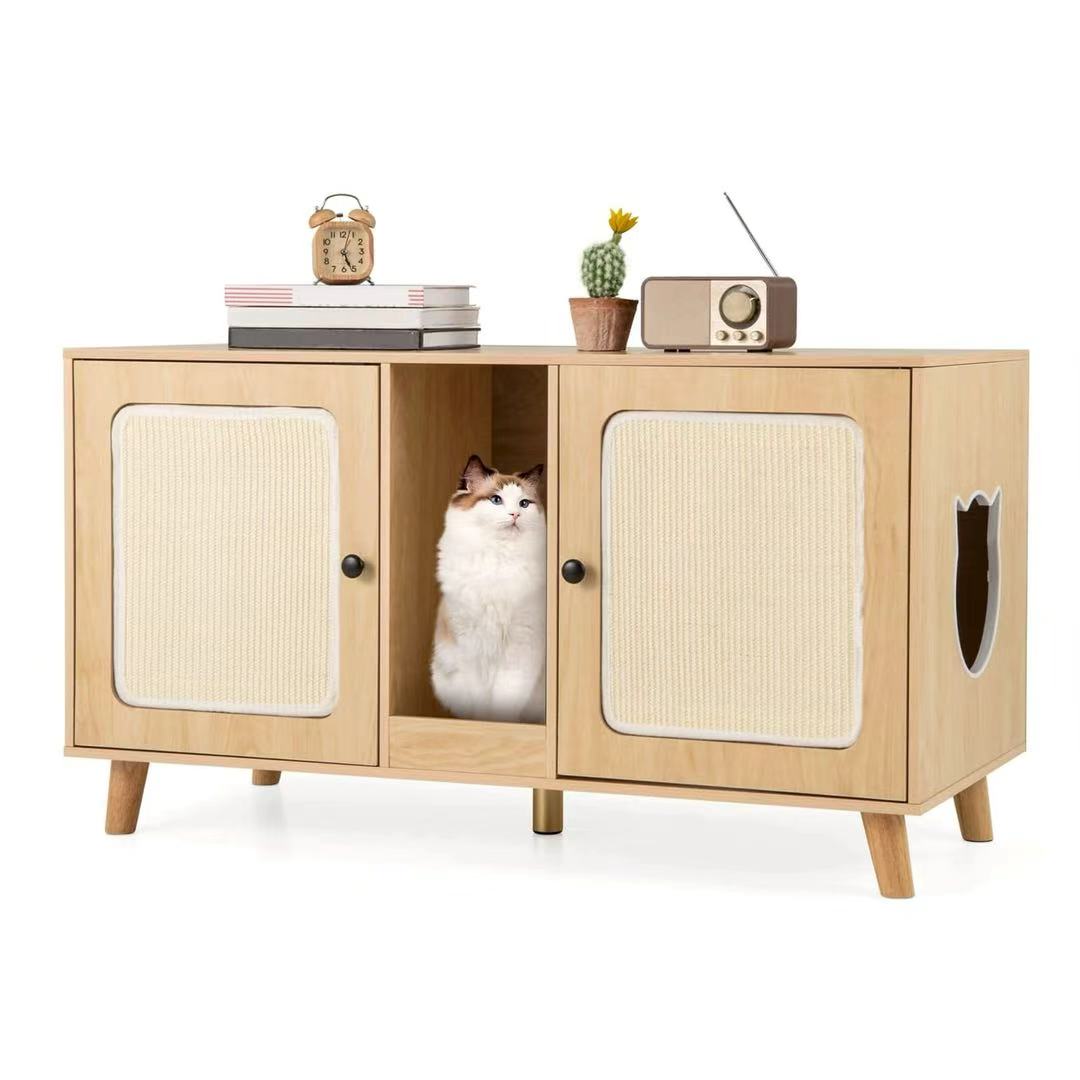 Auranook 43" Cat Litter Box Enclosure for 2 Cats w/ Double Rooms 2 Sisal Scratching Mats