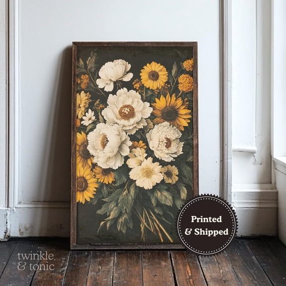 Vintage Fall Floral Art Print Moody Peonies Rustic Poster Antique Autumn Botanical Scene UNFRAMED Poster, Wall Art for Decor, Present, 12x18