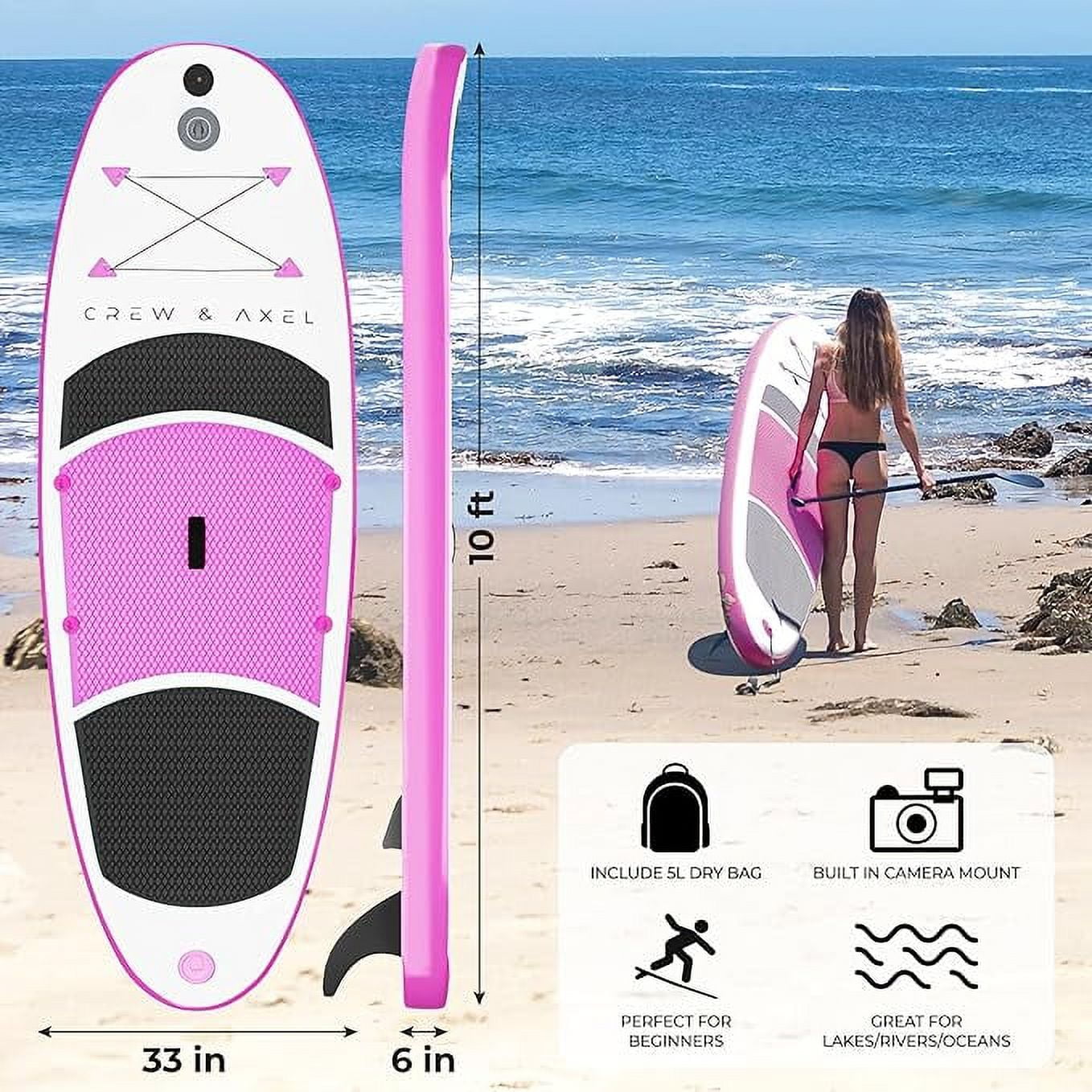 Crew Axel Inflatable Paddle Board 10336 Extra Wide & Lightweight (18lb) Paddle Board Premium SUP Set Includes 2 Bags, Floating Paddle, Camera Mount, 3 Fins, Dual Pump Kit