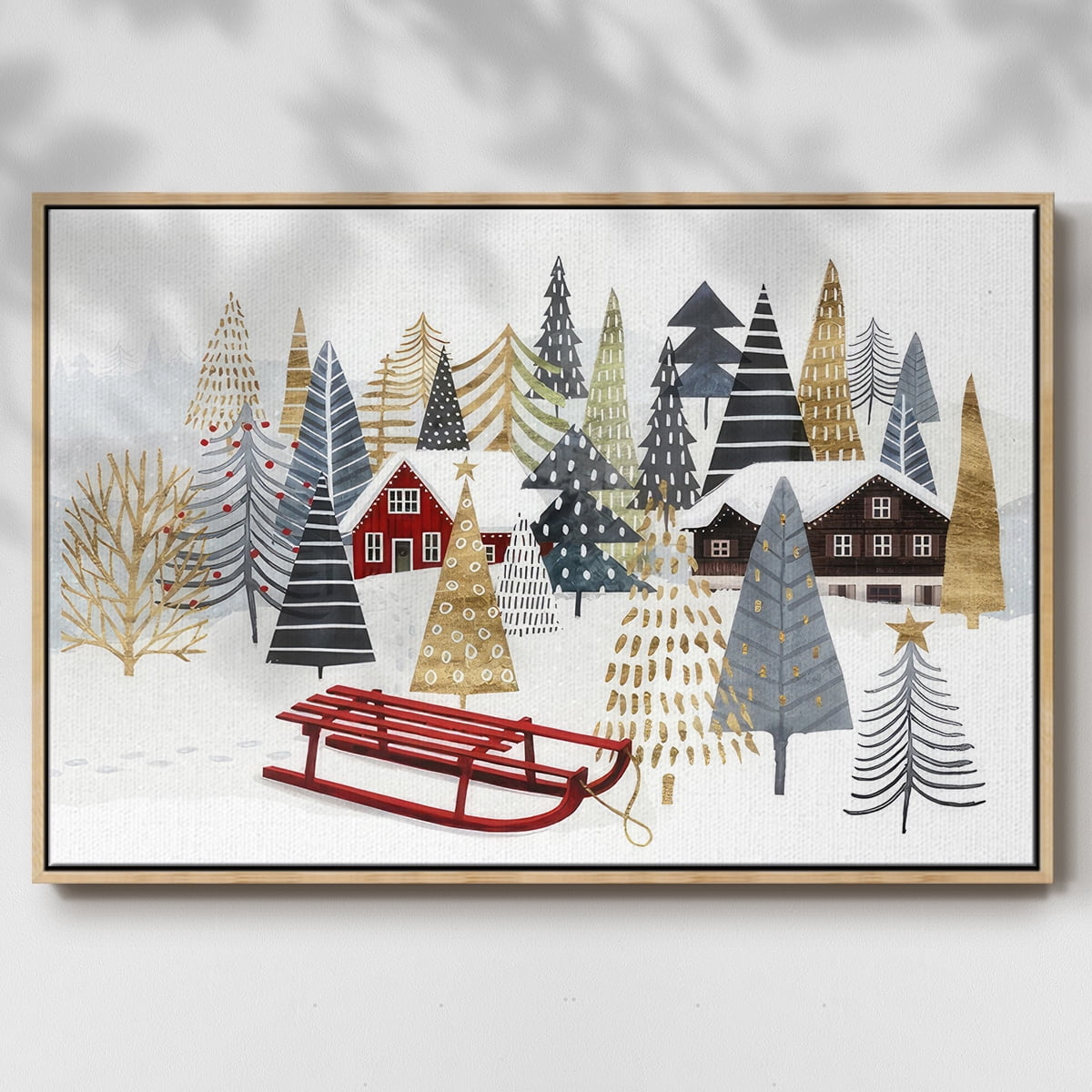 Christmas Chalet Collection A - Framed Gallery Wrapped Holiday Canvas - 25 x 37 - Natural Wood Frame