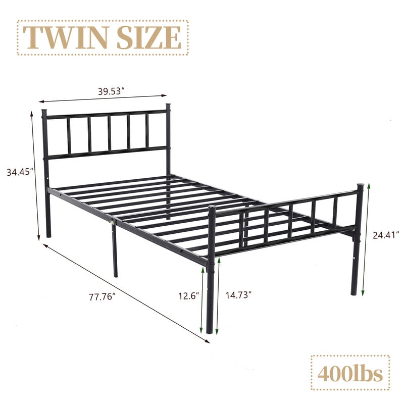 Caxkun Twin Size Classic Metal Platform Bed Frame Steel Slat Support, Black